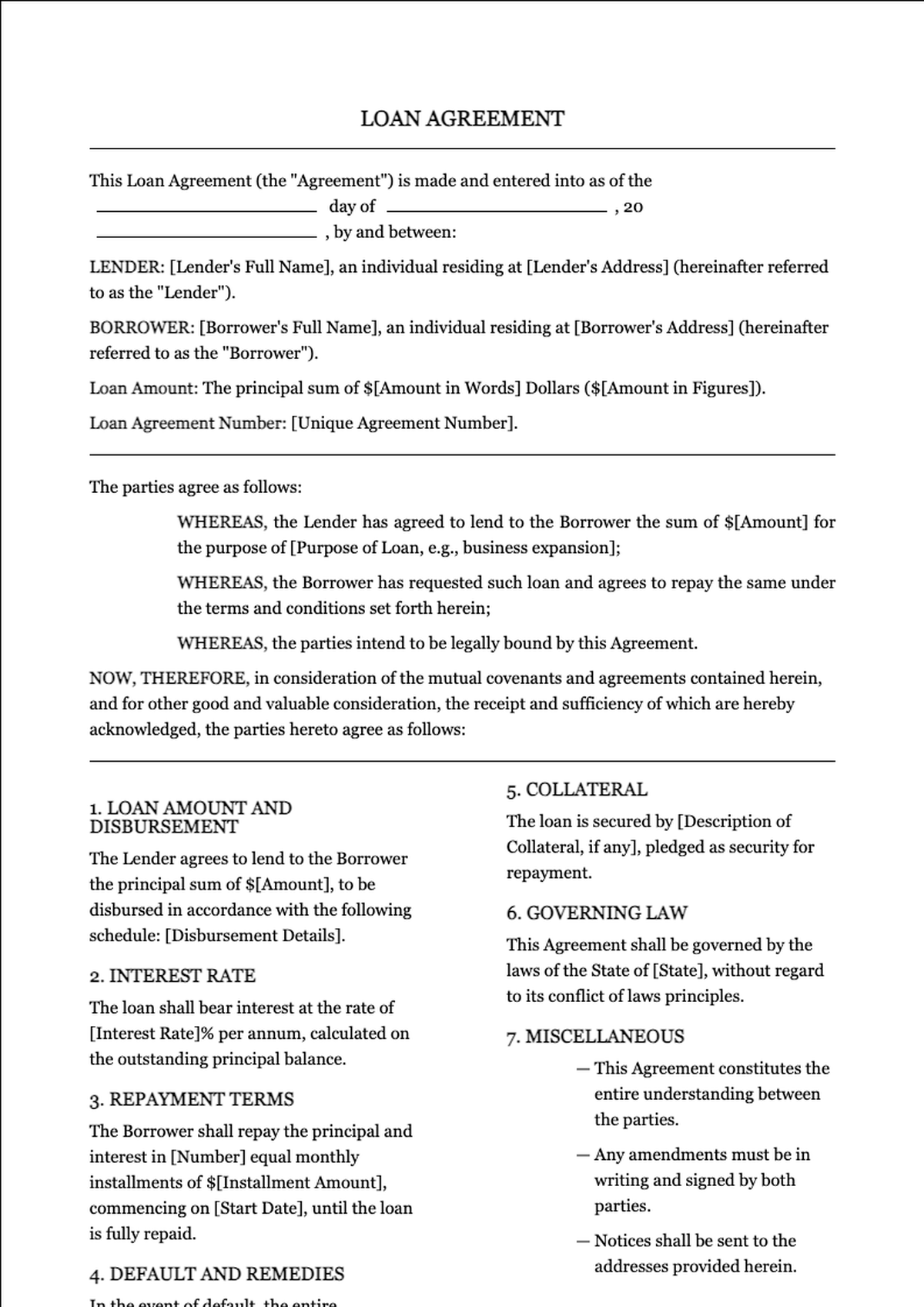 Legal loan agreement document between lender and company with fillable fields_variant_1